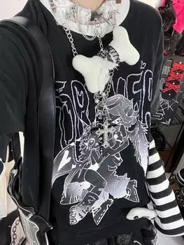 Панк-эстетика Y2k полосатые топы с вышивкой на рукавах женские повседневные поддельные футболки из двух частей с длинными рукавами модные свободные топы новая осень S чёрный