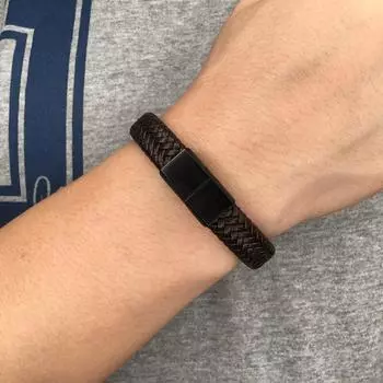 Панк-браслет Мужской плетеный кожаный браслет Черный стальной браслет с пряжкой Модные браслеты Pulsera Hombre 165mm чёрный