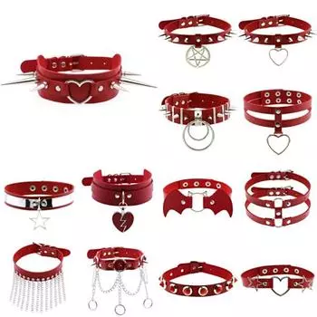 Панк-гот Красный PU кожаный чокер-ошейник Сексуальный ошейник с шипами на ключице для женщин и мужчин Ювелирные изделия Готические аксессуары