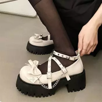 Панк Готическая Лолита Туфли Женские Новые Красивые Цепочки Пряжки Косплей Туфли Мэри Джейн Туфли Толстая Подошва Женские Туфли Бабочка Узел 4.5