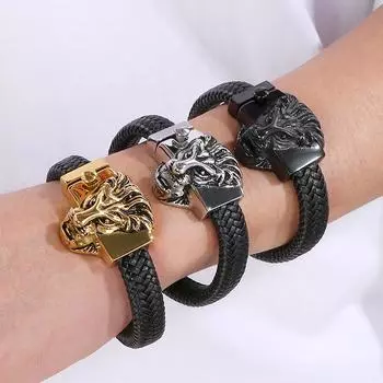 Панк-готика мужские браслеты кожаный браслет с головой льва для мужчин из нержавеющей стали на запястье мужские ювелирные изделия аксессуары подарки на день рождения 21CM серебряный