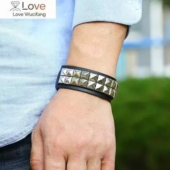 Панк-мода мужской черный кожаный браслет-манжета на запястье с металлическими заклепками и подвесками-гвоздиками, винтажный браслет-обертка для женщин, рок-готические украшения 22*2.7cm чёрный