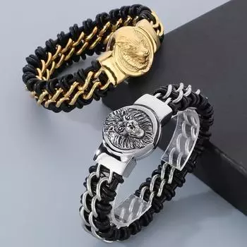 Панк мужские браслеты для мужчин золотого цвета из нержавеющей стали коровьей кожи браслет с головой волка и льва мужские украшения на запястье на день рождения подарки 22.5CM