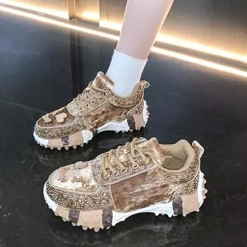 Панк повседневная обувь на подошве из дуриана для папы, женская, новинка 2024 года, модная брендовая спортивная обувь со стразами, верхняя одежда 35 чёрный