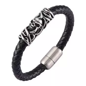 Панк-рок плетеный кожаный браслет с черепом на руку для мужчин браслеты и браслеты модные украшения 165mm чёрный