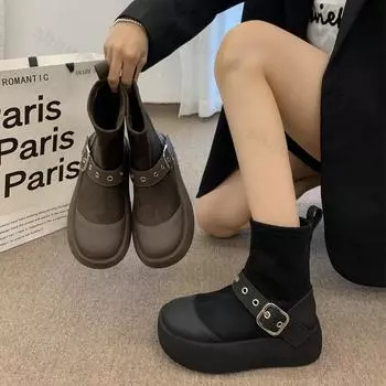 Панк-сапоги на толстом каблуке, женские, на толстом каблуке, модные, с пряжкой, мотоциклетные, женские, черные, белые, на толстой подошве, ботильоны 35 чёрный