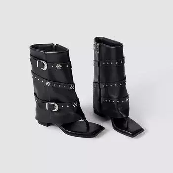 Панк стиль черные ботинки с заклепками и елочкой женская обувь лето новая ретро пряжка Spice Girls ботфорты 35