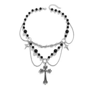 Панк Стиль Кресты Подвеска Ожерелье Регулируемое Панк Кресты Бант Ожерелье с Деталями из Жемчуга для Законодателей Моды разноцветный