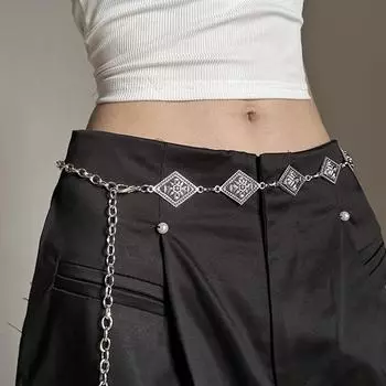 Панк Стиль Ретро Металлическая Поясная Цепь Женская Тренд Этнический Стиль Поясная Цепь Резная Ромбовидная Цепь Тонкий Пояс серебряный