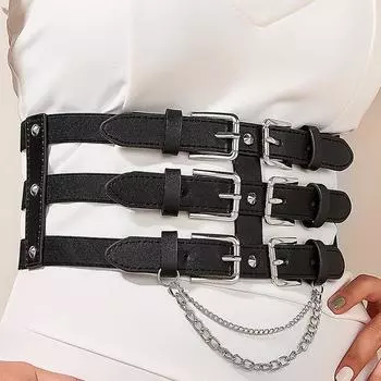 Панк Стиль Трехрядный Ремень с Пряжкой-Иголкой Женский Ремень для Платья Рубашки Эластичный Широкий Пояс-Кушак на Талию