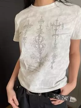 Панк Винтаж Уличная одежда Футболки Женские Американские Ретро Гранж Готические Харадзюку Y2k Графический Принт Футболки с Коротким Рукавом Топы S серый