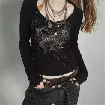 Панк Винтаж Уличная одежда Футболки Женские Американские Ретро Harajuku Дизайн Y2k Графика Длинные рукава Тонкие футболки Топы S чёрный