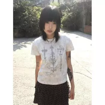 Панк Винтаж Уличная одежда Футболки Женские Американские Ретро Гранж Готические Харадзюку Y2k Графический Принт Футболки с Коротким Рукавом Топы S белый