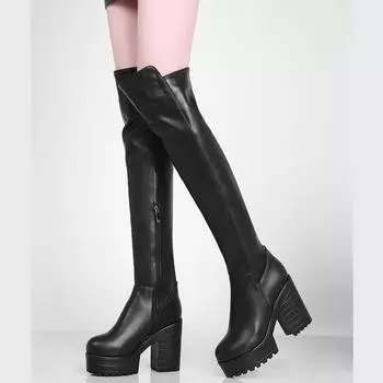 Панк высокие сапоги женские зимние туфли на платформе высокие каблуки выше колена зимние сапоги женские меховые сексуальные черные белые длинные туфли водонепроницаемые 34 чёрный