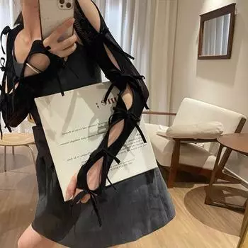 Панк Y2K кружевные нарукавники эластичные банты перчатки без пальцев модные балетные рукава готика розовый/чёрный