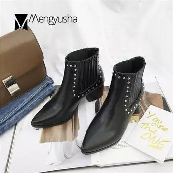 панк заклепки сапоги для верховой езды женские с острым носком микрофибра кожа ботильоны решетка/сплошной толстый высокий каблук челси ботинки европейские 5 чёрный
