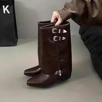 Панк-женские гладиаторские высокие сапоги, модные зимние новые остроносые трендовые женские туфли средней длины, массивные дизайнерские мотоциклетные сапоги 35