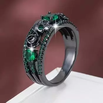 Панковский и простой стиль, черное кольцо с дизайном черепа и розы, инкрустированное сверкающими циркониями, подходит для мужчин и женщин. 7 зелёный