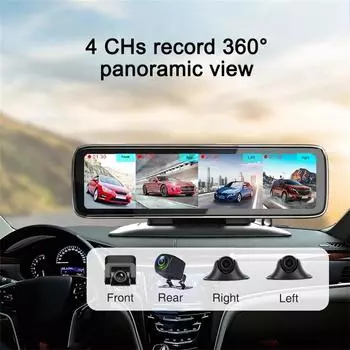 Панорамная приборная панель автомобиля DVR с обзором 360°, 12-дюймовым сенсорным экраном, 4-канальный FHD 1080P IPS-видеорегистратор, дисплей с 4 раздельными экранами 16g