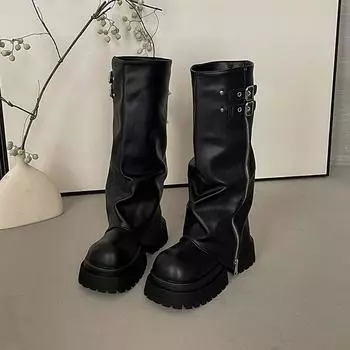 Pant Pants Boots Knight Boots Fashion Autumn New Versatile Folded Belt Buckle Thick-soled Heightening Boots Women 35