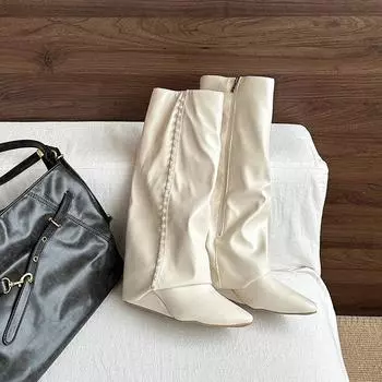 Pants Boots Fashion Leather Boots Fashion Autumn Design Pearl Pointed Heel But Knee Boots 35