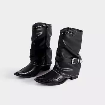 Pants Boots Flame Design Knight Boots Pointed Heel Knight Boots Rivet Chain Design Stacking Boots 35