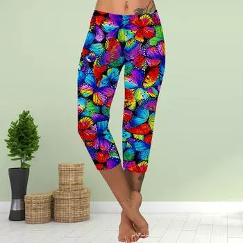 Брюки летние короткие леггинсы укороченные узкие брюки леггинсы больших размеров женские облегающие брюки с принтом розовых бабочек и кристаллов XS фиолетовый