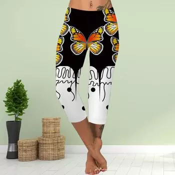 Брюки летние короткие леггинсы укороченные узкие брюки леггинсы больших размеров женские облегающие брюки с принтом 3D белых бабочек XS белый