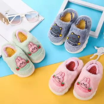 pantuflas Мультяшные детские хлопковые тапочки зимние новые плюшевые домашние тапочки для мальчиков нескользящие хлопковые тапочки для девочек детская обувь zapatos nia 22-23-insole14cm серый