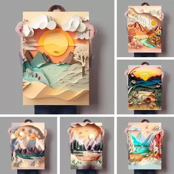 Paper Cut Print Poster Alien World Nature in Origami Style Wall Art Sun and Mountain Landscape Canvas Painting Home Room Decor 21cm30cm NoFrame