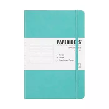 PAPERIDEAS Notebook A5 Hardcover All Page Numbers Folio with Elastic Band 2 Bookmark Strings New Color Tiffany (Horizontal Ruled, Blue)