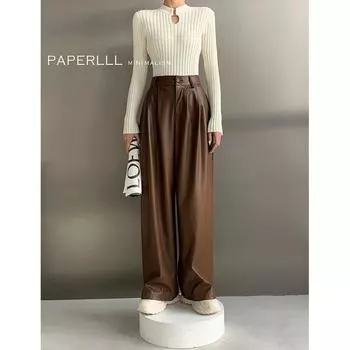 Paperlll Crossbody High Waist Profile Leather Pants Female 2025 New Autumn/Winter Loose Pants Female Fashion Straight-Leg Trousers Retro Brown M