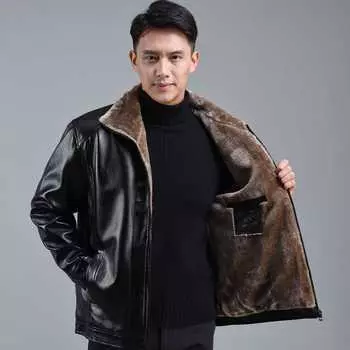 Папина кожаная куртка плюс бархатная и утолщенная мужская зимняя куртка Зимняя мужская повседневная кожаная куртка среднего возраста для людей среднего и пожилого возраста 60 чёрный