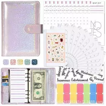 Папка для денег, денежный дневник, сбережения, дневник денежных испытаний, внутренняя бумага, пакет на молнии, A6 6-луночный bling bling, bling bling фиолетовый, 1 шт.