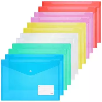 Папка для документов ZCZN с кнопками, прозрачная, конверт А4, прозрачный, цвет 6 цветов, набор из 12 штук, горизонтальный, с карманом для бирки