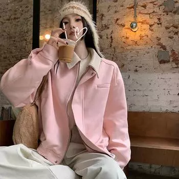 Пара американских замшевых бейсбольных свитеров с лацканами, осеннее пальто для женщин, новый дизайн, нишевая мотоциклетная куртка S