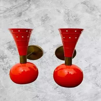 Пара блестящих красных настенных бра, латунь середины века, итальянский настенный бра Diabolo, 1950-е годы, светильник с 2 парами лампочек