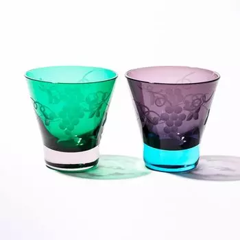 Пара бокалов Kobo Edo Kiriko Grape Crest Old Glass Pair Поставляется в подарочной коробке Сделано в Японии [официальный представитель Taimuro] (Зеленый/Эдо-фиолетовый) ТБ30679/35679