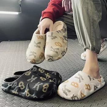 Пара больших уличныx тапочек на толстой подошве из бархата, теплыx хлопковыx тапочек, ленивыx тапочек, повседневныx модныx хлопковыx тапочек 36-45 36 белый