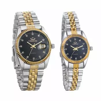 Пара часов JEWELRYWE Пара популярных аналоговых водонепроницаемых японских кварцевых часов из нержавеющей стали с браслетом, модный аксессуар на годовщину Рождества