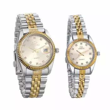 Пара часов JEWELRYWE Пара популярных аналоговых водонепроницаемых японских кварцевых часов из нержавеющей стали с браслетом, модный аксессуар на годовщину Рождества