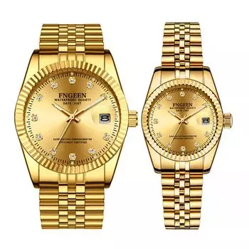 Пара часов Пара часов Пара золотых нержавеющих водонепроницаемых 3ATM стильных аналоговых японских кварцевых часов Золотые часы для отдыха и бизнеса Модные аксессуары для дня