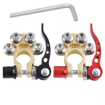 Пара черных и красных головок для автомобильных аккумуляторов, зажимы для быстрой разборки аккумулятора, зажимы для разъемов, несколько клемм для подключения интерфейсов.