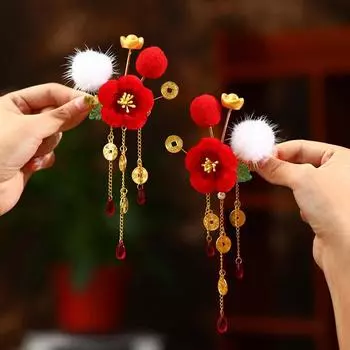 Пара детских движущихся заколок-слитков, новогодние праздничные шарики для волос, аксессуары для волос с кисточками, приносящие удачу one size