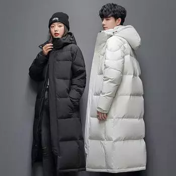 Пара длинных черных, белых пуховых хлопковых курток, зима-осень, утепленная теплая женская пуховая куртка, длинное свободное мужское пуховое пальто M