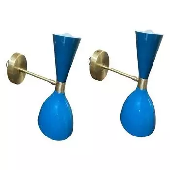 Пара итальянских настенных бра Diabolo середины века синего цвета и латуни — современный светильник