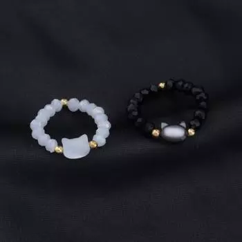 Пара кольцевых бусин с милым котом, эластичная, регулируемая, никогда не выцветает, декоративный подарок, черно-белая имитация чёрный