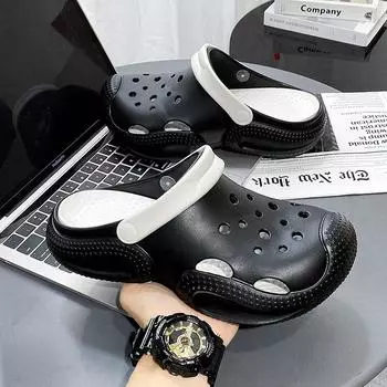 Пара контрастных ЭВА шлепанцев с отверстиями, модных и простых, повседневных, для улицы, на толстой подошве, нескользящих и износостойких 36-37