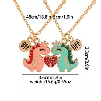 Пара маленьких магнитных подвесок в виде динозавров, ожерелья для лучших друзей, влюблённых, в стиле пэчворк, в форме сердца золотой