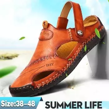 Пара обуви. Мужские уличные кожаные сандалии с закрытым носком, сшитые вручную. 38 чёрный